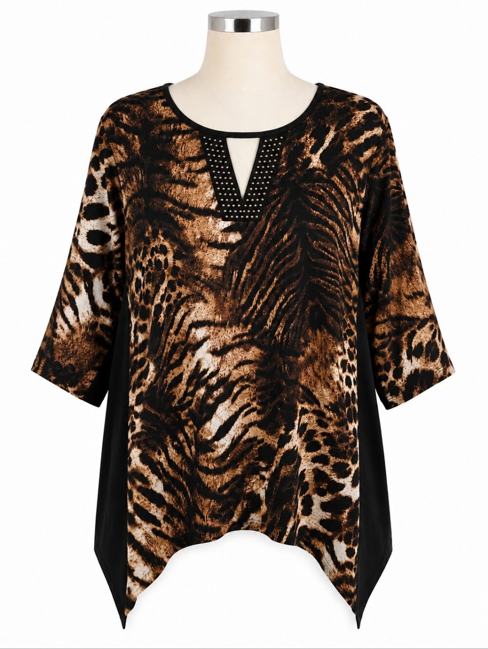 Elie McCarthy Animal Print Tunic Top Womens Size 2X Studded V-Neck 3/4 Sleeve